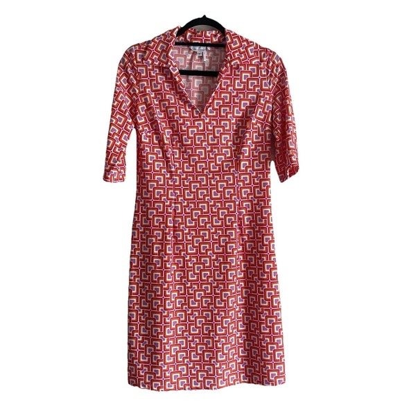 Jude Connally Dresses & Skirts - Jude Connally Geometric Print Dress Small Orange Collar V-Neck Knee Length Scuba